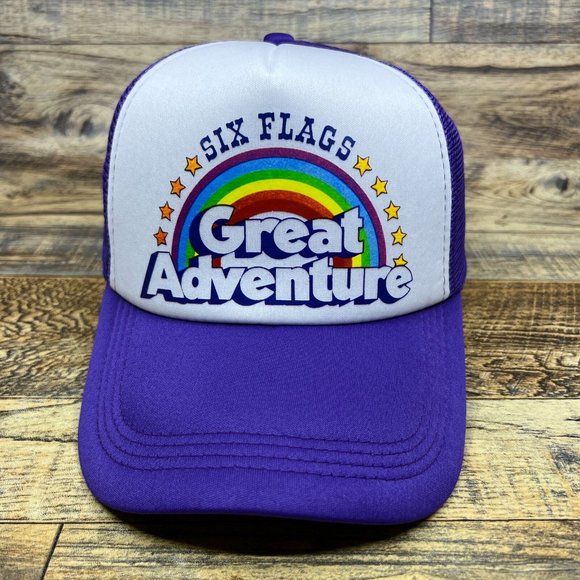 Six Flags Great Adventure Mens Trucker Hat Purple Snapback Theme Park Ball Cap - Picture 2 of 8